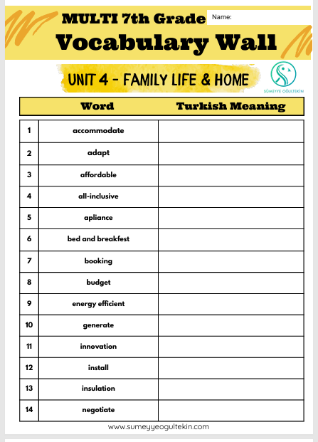 MULTI 7 th Grade - Unit 4 Famıly Lıfe & Home -  VOCABULARY (English-Turkish))